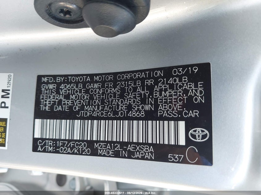2020 Toyota Corolla VIN JTDP4RCE6LJ014868 IAAI salvage auction — FRONT END, Original (Texas), sold $5,500 on 2026-07-28 (photo 9)