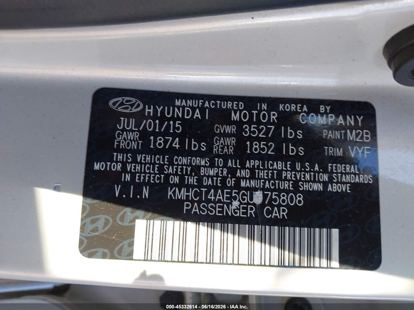 2016 Hyundai Accent VIN KMHCT4AE5GU975808 IAAI salvage auction — RIGHT REAR, Salvage (Pennsylvania), sold $1,600 on 2026-07-17 (photo 9)