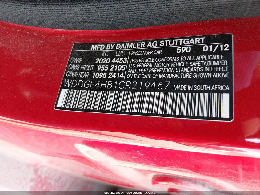 2012 Mercedes-benz C-klasse VIN WDDGF4HB1CR219467 IAAI salvage auction — NORMAL WEAR, Salvage Title, sold $600 on 2026-07-10 (photo 9)