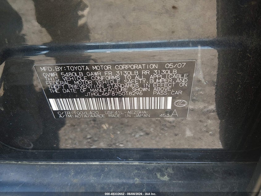 2007 Lexus Ls 460 VIN JTHGL46F875018296 IAAI salvage auction — NORMAL WEAR, Clear (Virginia), sold $850 on 2026-07-10 (photo 9)