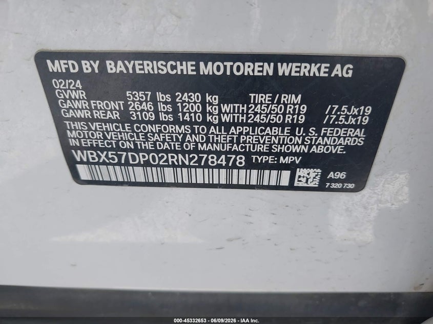 2024 BMW X3 VIN WBX57DP02RN278478 IAAI salvage auction — RIGHT FRONT, Salvage (Iowa), sold $20,200 on 2026-07-28 (photo 9)