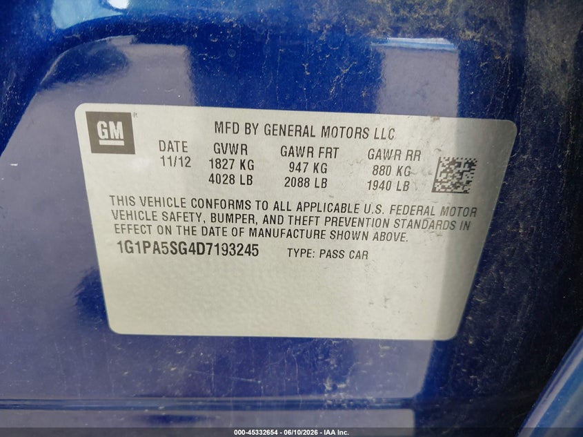 2013 Chevrolet Cruze VIN 1G1PA5SG4D7193245 IAAI salvage auction — FRONT END, Salvage (Texas), sold $350 on 2026-07-09 (photo 9)