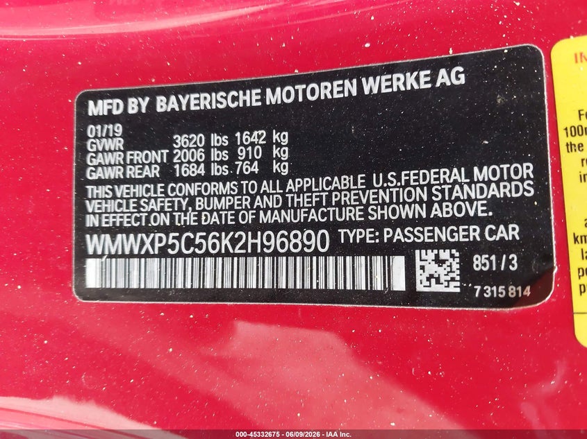 2019 Mini Hard top VIN WMWXP5C56K2H96890 IAAI salvage auction — REAR END, Salvage (North Carolina), sold $2,150 on 2026-07-30 (photo 9)