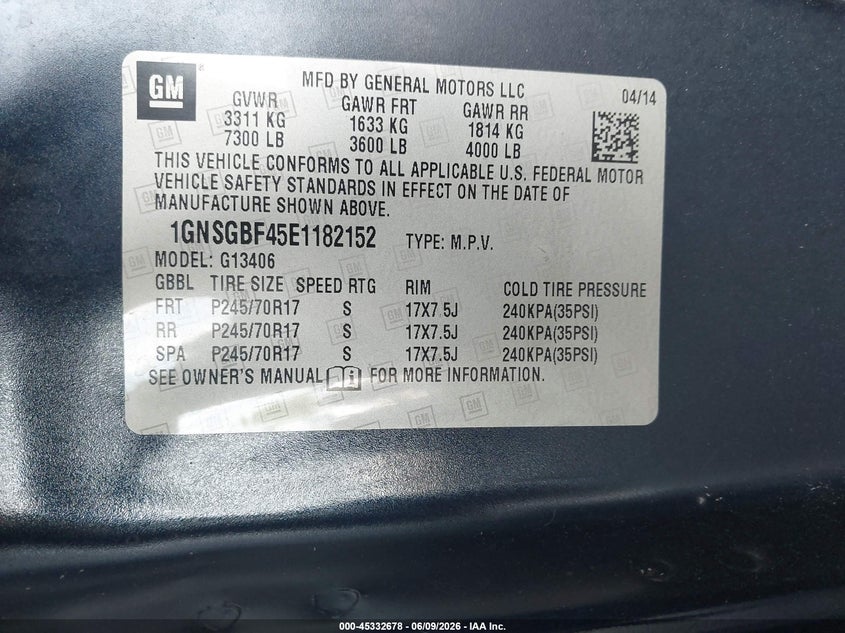 2014 Chevrolet Express 1500 VIN 1GNSGBF45E1182152 IAAI salvage auction — NORMAL WEAR, Sf97 (Georgia), sold $15,575 on 2026-08-13 (photo 9)