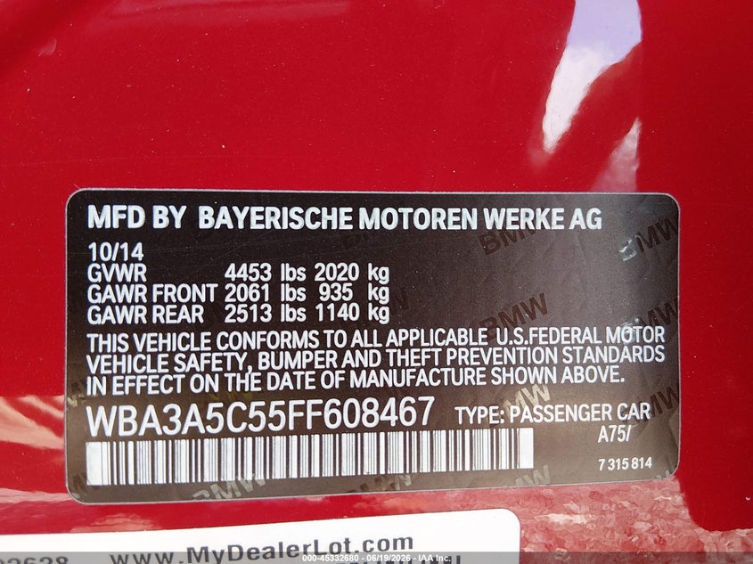 2015 BMW 3er VIN WBA3A5C55FF608467 IAAI salvage auction — FRONT & REAR, Salvage (South Carolina), sold $800 on 2026-07-21 (photo 9)