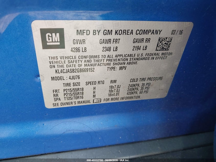 2016 Buick Encore VIN KL4CJASB2GB669152 IAAI salvage auction — RIGHT FRONT, Salvage Title, sold $325 on 2026-07-22 (photo 9)