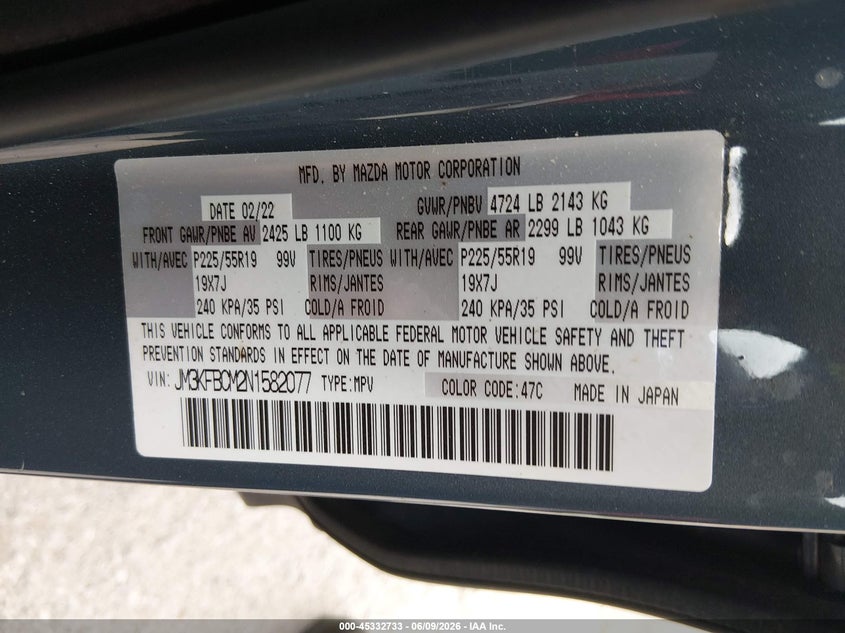 2022 Mazda Cx-5 VIN JM3KFBCM2N1582077 IAAI salvage auction — FRONT END, Salvage Title, sold $5,050 on 2026-07-14 (photo 9)