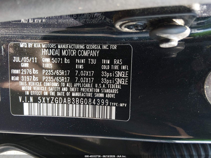 2011 Hyundai Santa fe VIN 5XYZGDAB3BG084399 IAAI salvage auction — NORMAL WEAR, Clear (Maryland), sold $1,500 on 2026-07-06 (photo 9)