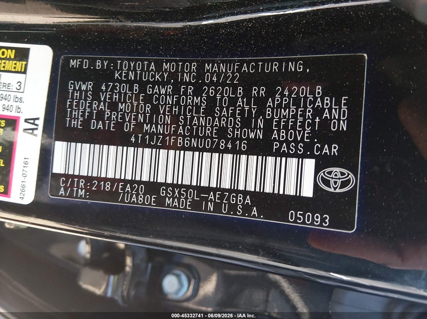 2022 Toyota Avalon VIN 4T1JZ1FB6NU078416 IAAI salvage auction — HAIL, Salvage Title, sold $10,200 on 2026-07-17 (photo 9)