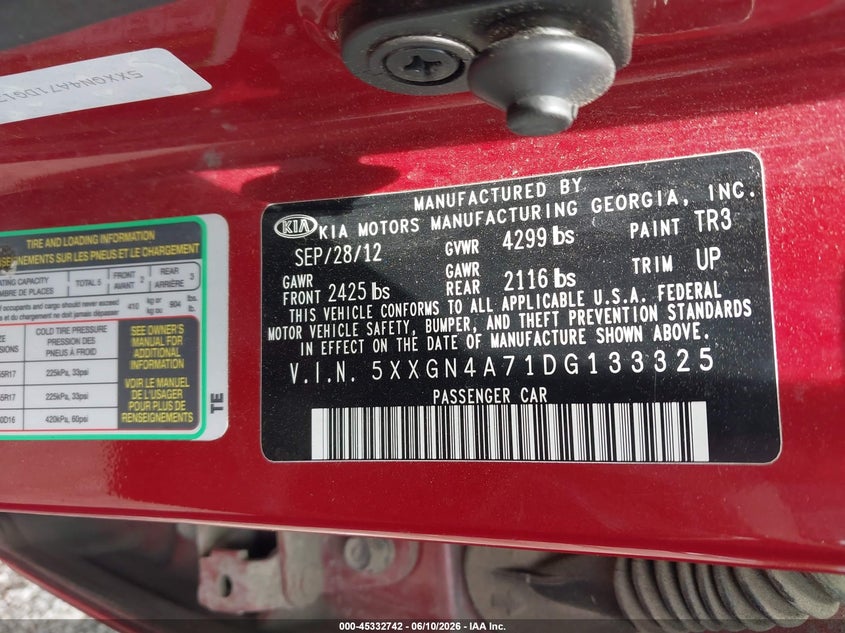 2013 Kia Optima VIN 5XXGN4A71DG133325 IAAI salvage auction — FRONT END, Salvage (South Carolina), sold $350 on 2026-07-18 (photo 9)