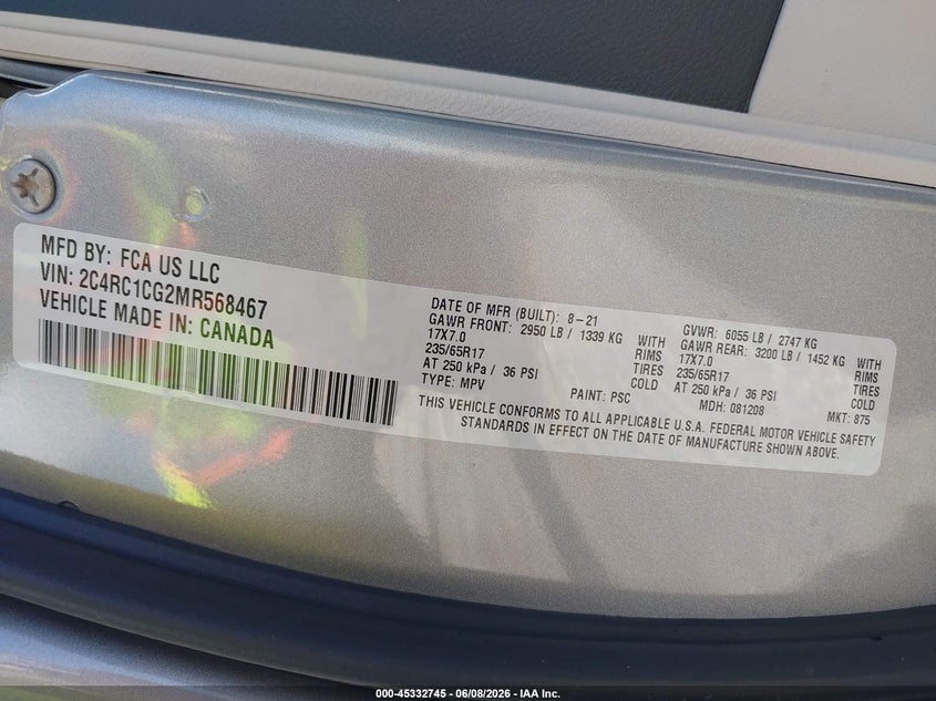 2021 Chrysler Voyager VIN 2C4RC1CG2MR568467 IAAI salvage auction — NORMAL WEAR, Sf97 (Florida), sold $10,350 on 2026-08-13 (photo 9)