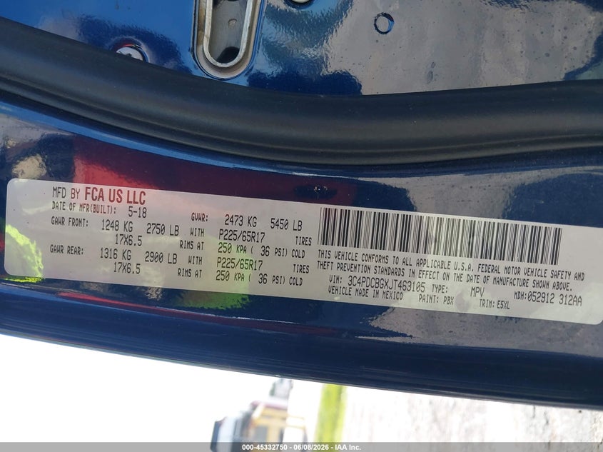 2018 Dodge Journey VIN 3C4PDCBGXJT463105 IAAI salvage auction — NORMAL WEAR, Sf97 (Florida), sold $7,025 on 2026-08-13 (photo 9)