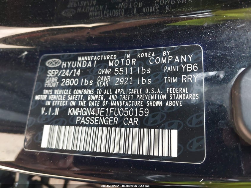 2015 Hyundai Genesis VIN KMHGN4JE1FU050159 IAAI salvage auction — FRONT & REAR, Salvage (North Carolina), sold $825 on 2026-07-27 (photo 9)