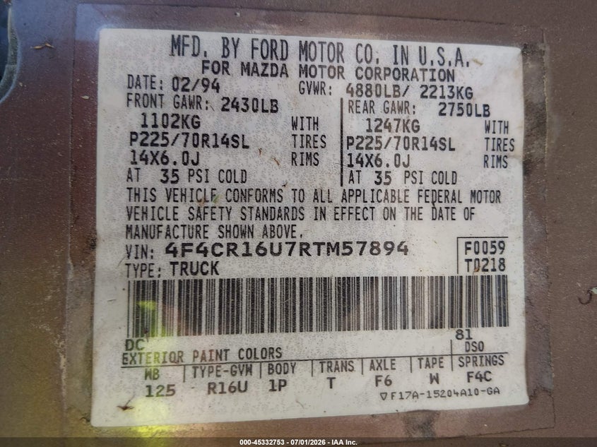 1994 Mazda B3000 VIN 4F4CR16U7RTM57894 IAAI salvage auction — NORMAL WEAR, Clear (Mississippi), sold $275 on 2026-07-08 (photo 9)