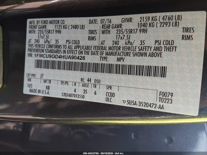 2017 Ford Escape VIN 1FMCU9GD4HUA90428 IAAI salvage auction — HAIL, Salvage (Ohio), sold $4,250 on 2026-07-10 (photo 9)