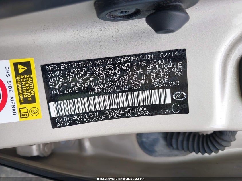 2014 Lexus ES VIN JTHBK1GG6E2121637 IAAI salvage auction — FRONT END, Salvage (North Carolina), sold $3,900 on 2026-07-15 (photo 9)