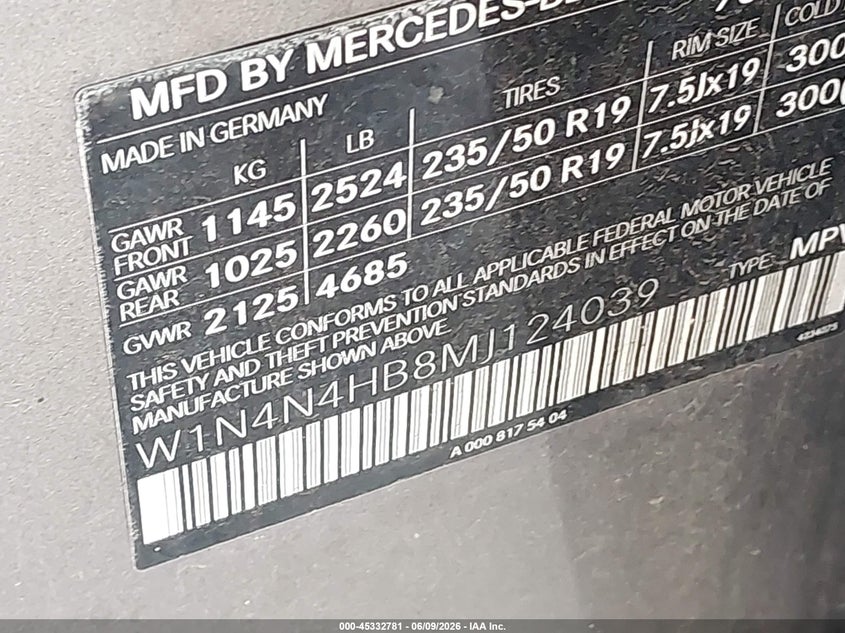 2021 Mercedes-benz Gla-klasse VIN W1N4N4HB8MJ124039 IAAI salvage auction — FRONT END, Salvage Title, sold $9,100 on 2026-07-09 (photo 9)