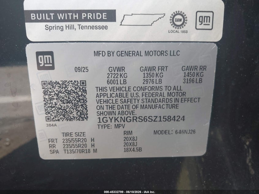 2025 Cadillac Xt5 VIN 1GYKNGRS6SZ158424 IAAI salvage auction — FRONT END, Salvage Title, sold $12,200 on 2026-07-23 (photo 9)