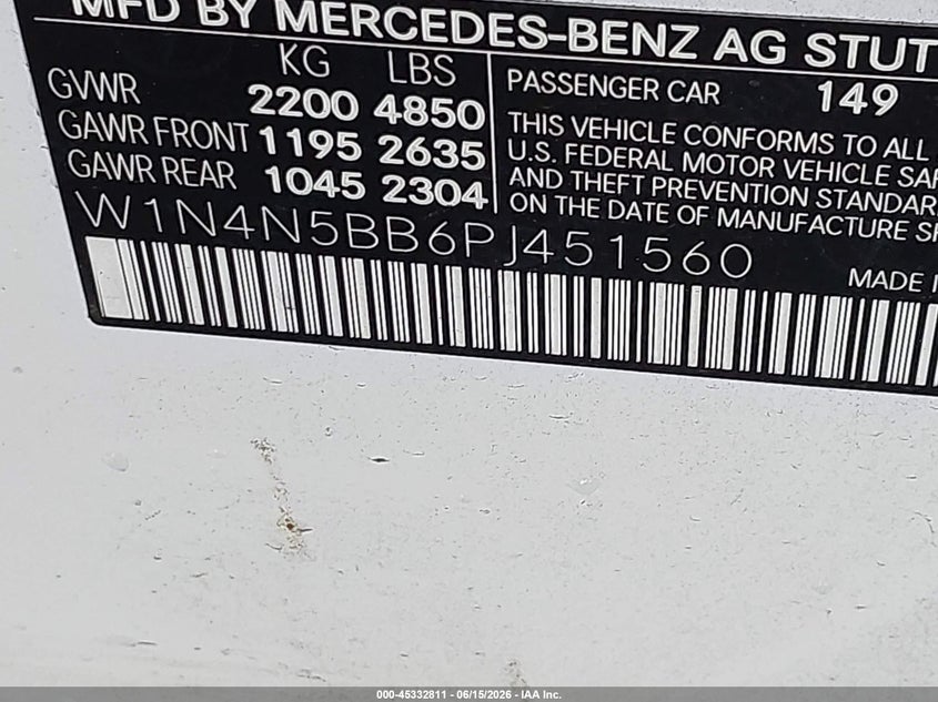 2023 Mercedes-benz VIN W1N4N5BB6PJ451560 IAAI salvage auction — WATER/FLOOD, Salvage (Texas), sold $17,050 on 2026-07-31 (photo 9)