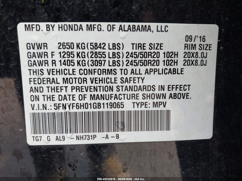 2016 Honda Pilot VIN 5FNYF6H01GB119065 IAAI salvage auction — LEFT SIDE, Clear (Michigan), sold $7,675 on 2026-08-20 (photo 9)