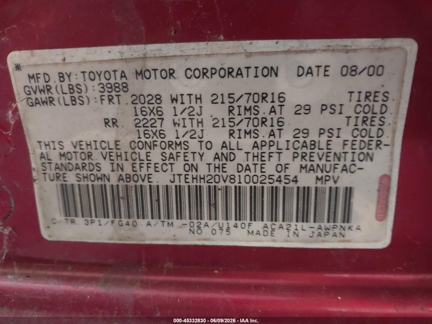 2001 Toyota Rav 4 VIN JTEHH20V810025454 IAAI salvage auction — NORMAL WEAR, Clear (Michigan), sold $300 on 2026-07-14 (photo 9)