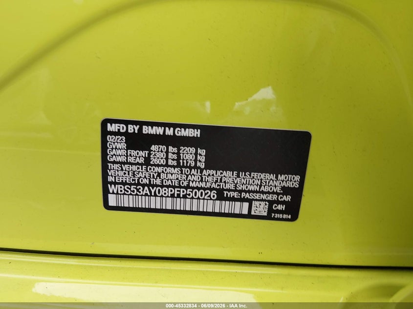 2023 BMW M3 VIN WBS53AY08PFP50026 IAAI salvage auction — FRONT END, Salvage Title, sold $17,250 on 2026-07-23 (photo 9)