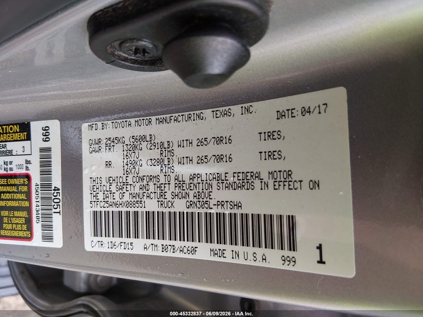 2017 Toyota Tacoma VIN 5TFCZ5AN6HX088551 IAAI salvage auction — FRONT END, Salvage Title, sold $10,450 on 2026-07-16 (photo 9)