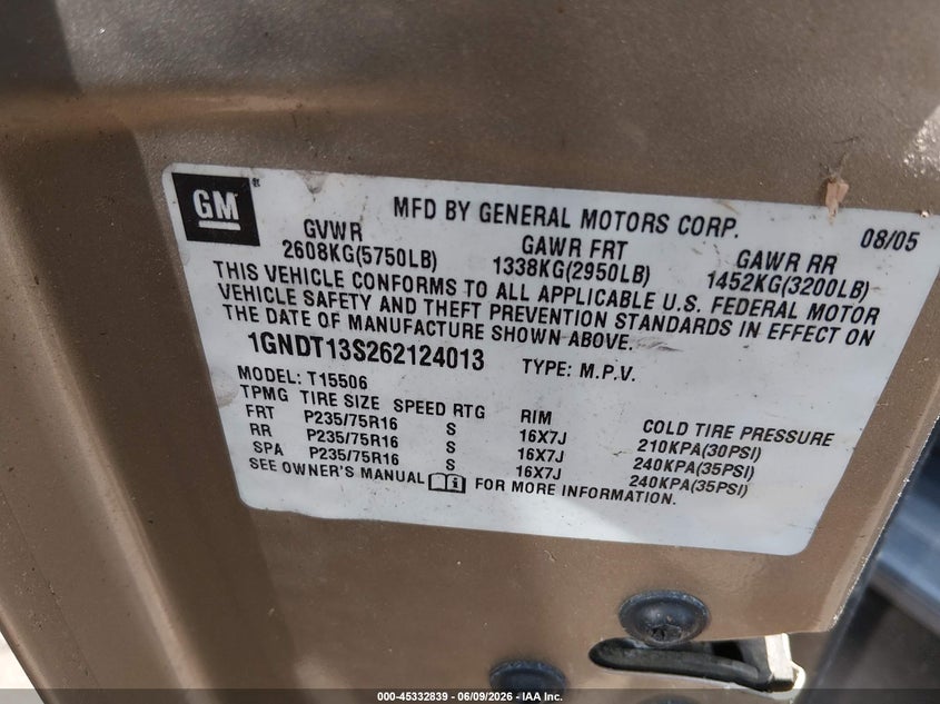 2006 Chevrolet Trailblazer VIN 1GNDT13S262124013 IAAI salvage auction — LEFT REAR, Clear (Virginia), sold $400 on 2026-07-09 (photo 9)