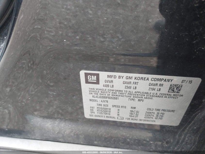2015 Buick Encore VIN KL4CJGSB9FB263581 IAAI salvage auction — NORMAL WEAR, Salvage (Wisconsin), sold $1,100 on 2026-07-14 (photo 9)