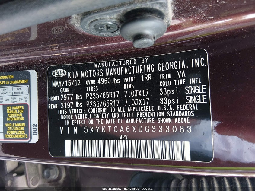 2013 Kia Sorento VIN 5XYKTCA6XDG333083 IAAI salvage auction — NORMAL WEAR, Clear (South Carolina), sold $1,000 on 2026-07-29 (photo 9)