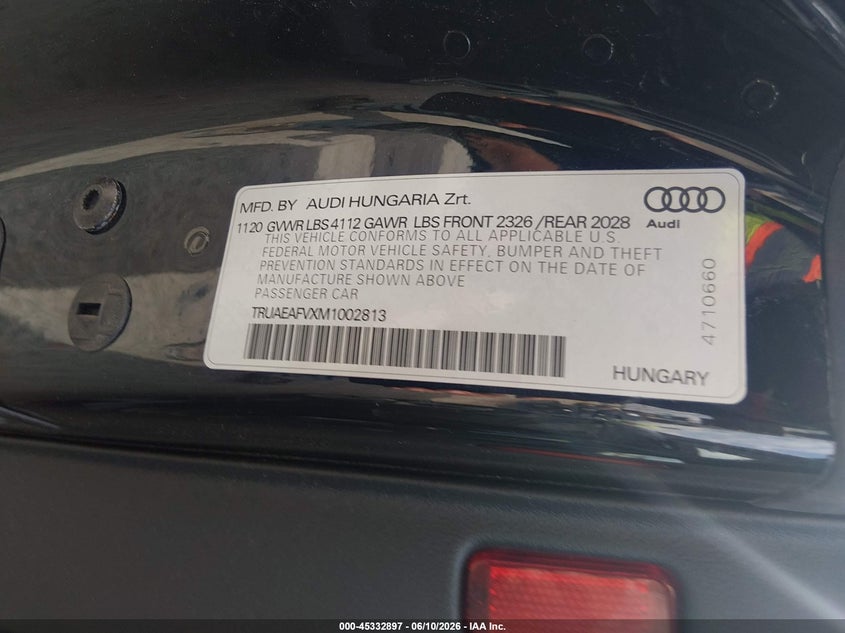 2021 Audi Tt VIN TRUAEAFVXM1002813 IAAI salvage auction — LEFT FRONT, Salvage Title, sold $12,700 on 2026-07-12 (photo 9)