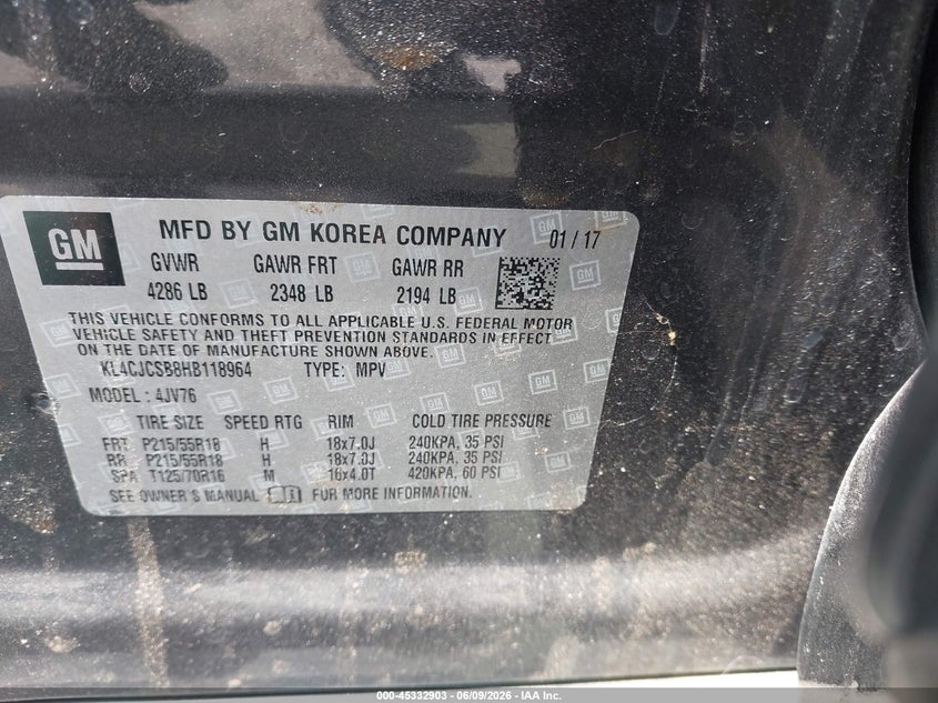 2017 Buick Encore VIN KL4CJCSB8HB118964 IAAI salvage auction — REAR END, Salvage (North Carolina), sold $750 on 2026-07-16 (photo 9)