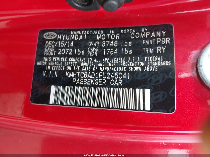 2015 Hyundai Veloster VIN KMHTC6AD1FU245041 IAAI salvage auction — FRONT END, Salvage (Ohio), sold $1,100 on 2026-07-07 (photo 9)