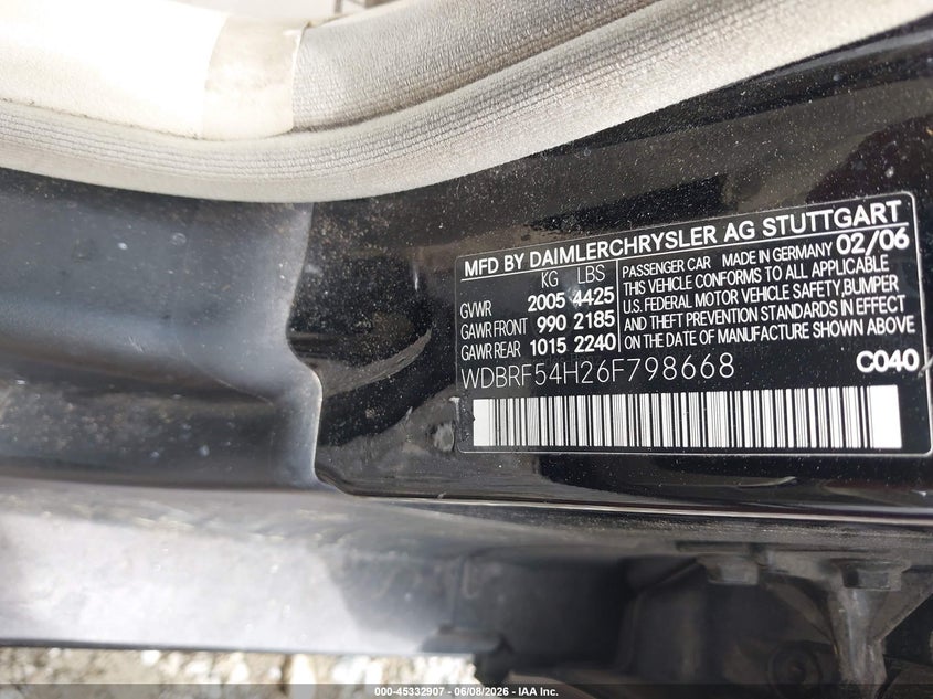 2006 Mercedes-benz C class VIN WDBRF54H26F798668 IAAI salvage auction — FRONT & REAR, Salvage (Georgia), sold $375 on 2026-07-21 (photo 9)