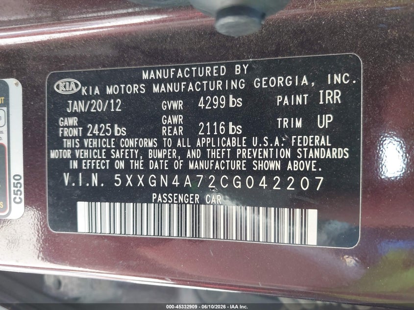 2012 Kia Optima VIN 5XXGN4A72CG042207 IAAI salvage auction — NORMAL WEAR, Salvage Title, sold $125 on 2026-07-27 (photo 9)