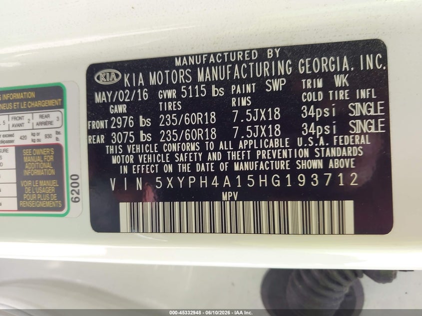 2017 Kia Sorento VIN 5XYPH4A15HG193712 IAAI salvage auction — FRONT END, Wait Title, sold $2,200 on 2026-08-29 (photo 9)