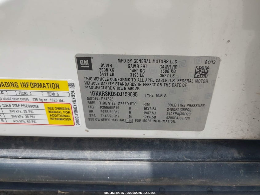 2013 Gmc Acadia VIN 1GKKRSKD9DJ159095 IAAI salvage auction — FRONT END, Salvage Title, sold $400 on 2026-07-10 (photo 9)