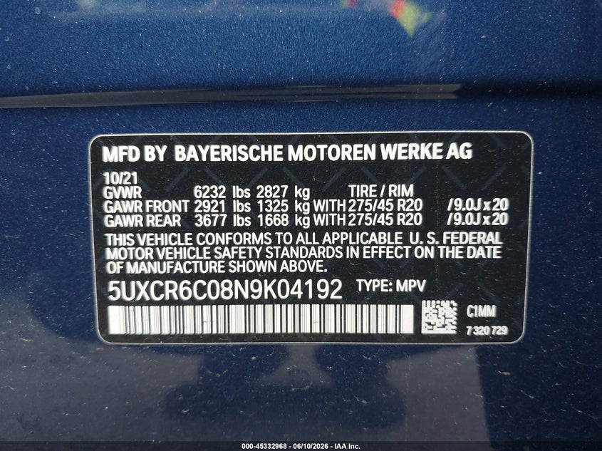 2022 BMW X5 VIN 5UXCR6C08N9K04192 IAAI salvage auction — RIGHT REAR, Mv-907A (New York), sold $28,250 on 2026-07-07 (photo 9)