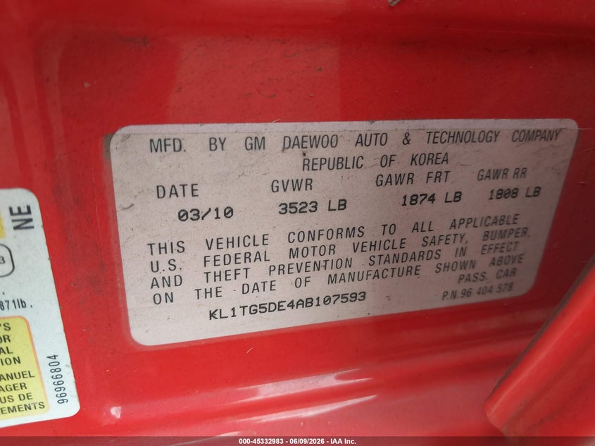 2010 Chevrolet Aveo VIN KL1TG5DE4AB107593 IAAI salvage auction — FRONT END, Salvage (Ohio), sold $350 on 2026-07-14 (photo 9)