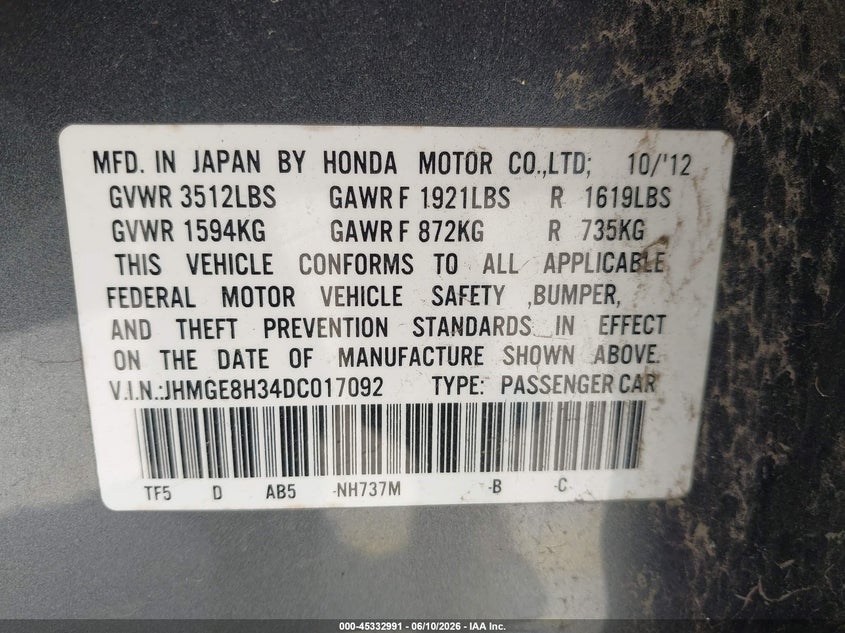 2013 Honda Fit VIN JHMGE8H34DC017092 IAAI salvage auction — FRONT END, Salvage (Texas), sold $1,550 on 2026-07-13 (photo 9)
