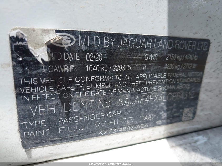 2020 Jaguar Xe VIN SAJAE4FX4LCP64312 IAAI salvage auction — SIDE, Salvage Title, sold $3,500 on 2026-09-08 (photo 9)
