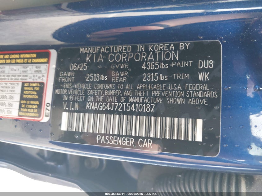 2026 Kia K5 VIN KNAG64J72T5410187 IAAI salvage auction — LEFT FRONT, Salvage Title, sold $6,300 on 2026-07-30 (photo 9)