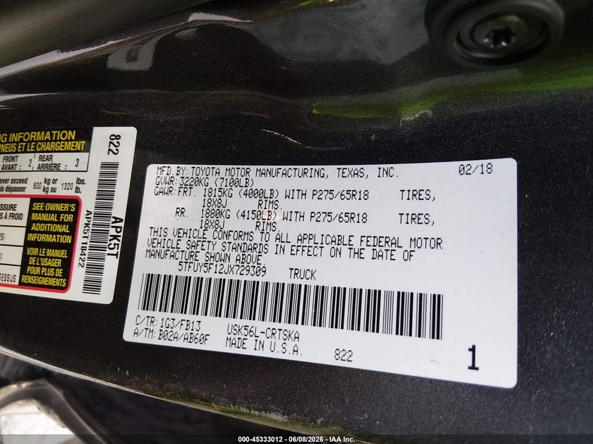 2018 Toyota Tundra VIN 5TFUY5F12JX729309 IAAI salvage auction — FRONT END, Salvage Title, sold $4,000 on 2026-07-15 (photo 9)