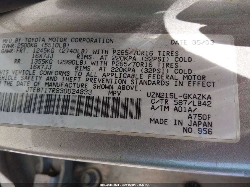 2003 Toyota 4runner VIN JTEBT17R830024833 IAAI salvage auction — NORMAL WEAR, Clear (Kansas), sold $500 on 2026-07-24 (photo 9)