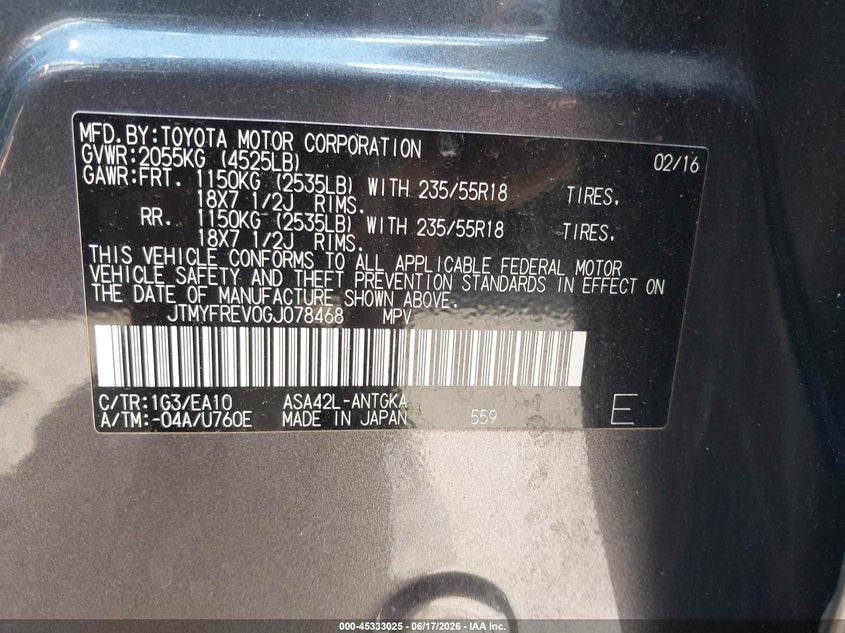 2016 Toyota Rav 4 VIN JTMYFREV0GJ078468 IAAI salvage auction — REAR END, Salvage (North Carolina), sold $6,700 on 2026-07-06 (photo 9)