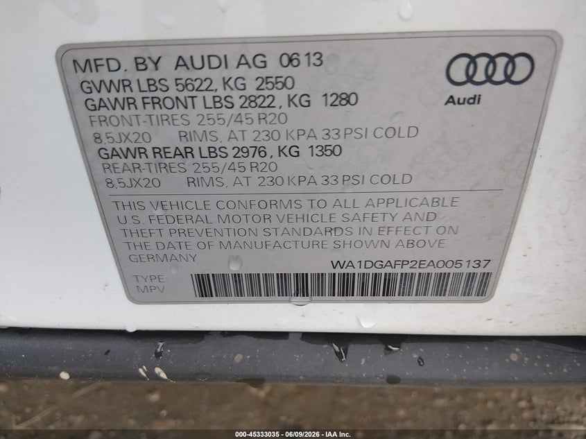 2014 Audi Q5 VIN WA1DGAFP2EA005137 IAAI salvage auction — FRONT END, Salvage Title, sold $1,000 on 2026-07-17 (photo 9)