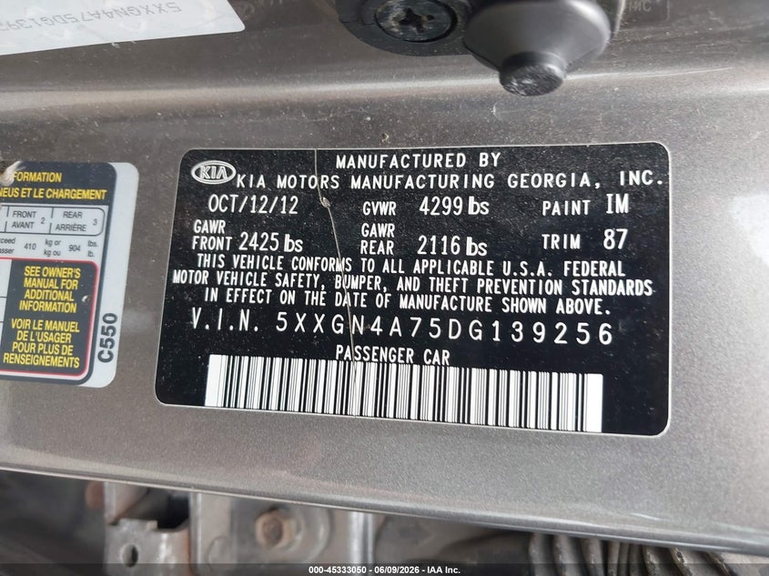 2013 Kia Optima VIN 5XXGN4A75DG139256 IAAI salvage auction — FRONT END, Salvage Title, sold $275 on 2026-07-28 (photo 9)