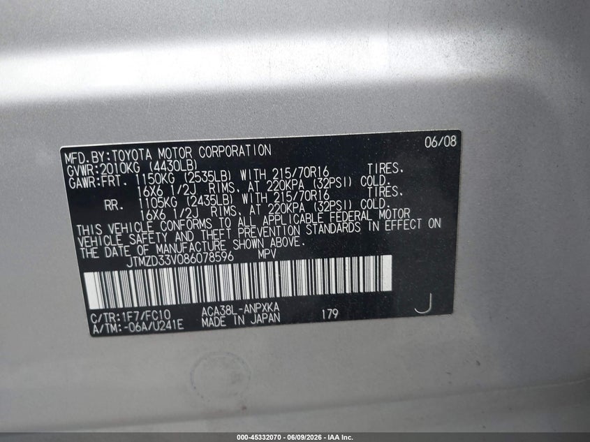 2008 Toyota Rav 4 VIN JTMZD33V086078596 IAAI salvage auction — RIGHT FRONT, Salvage (North Carolina), sold $1,600 on 2026-07-16 (photo 9)