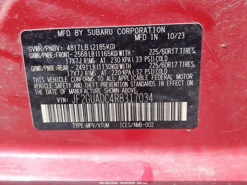 2024 Subaru Xv VIN JF2GUADC4R8317034 IAAI salvage auction — FRONT END, Salvage (Vermont), sold $4,850 on 2026-08-01 (photo 9)