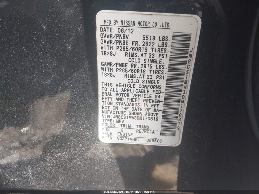 2013 Infiniti Fx VIN JN8CS1MW3DM170819 IAAI salvage auction — FRONT & REAR, Salvage (Rhode Island), sold $25 on 2026-07-28 (photo 9)